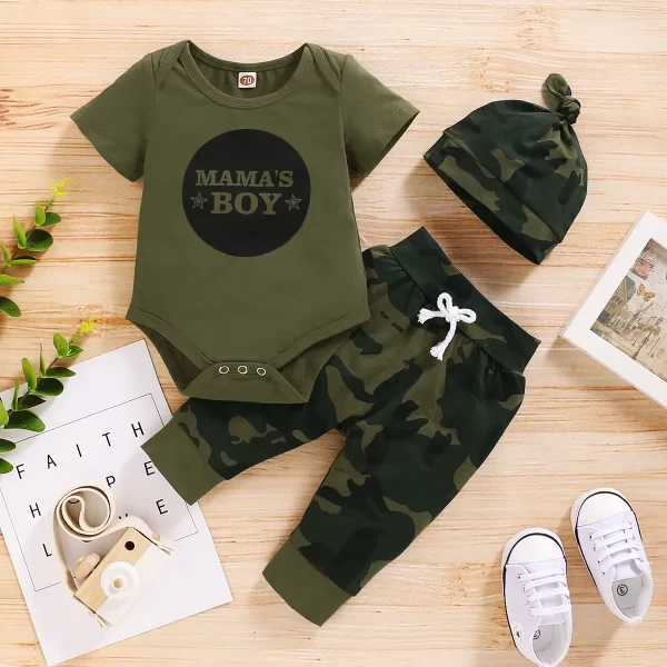 Newborn Baby Boy Baby Girl Clothes Set Letter Print Short Sleeve Bodysuit Camouflage Pants Headband Outfit