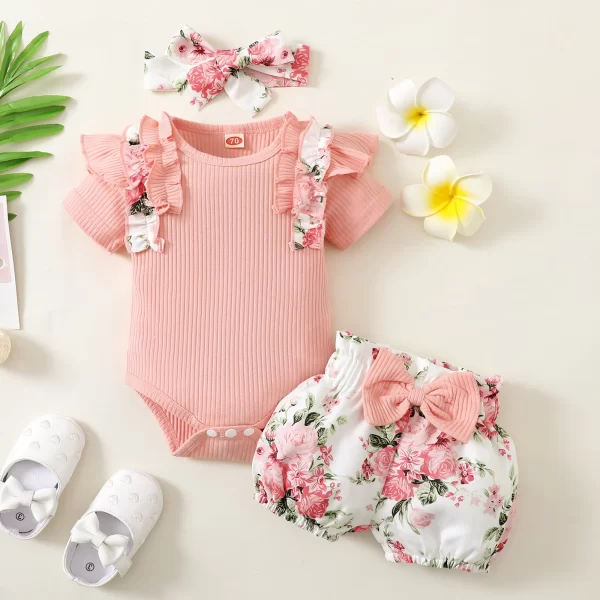 0-2 year old newborn baby girl summer pink round neck lace short sleeve with flowers printed bow shorts cute suit