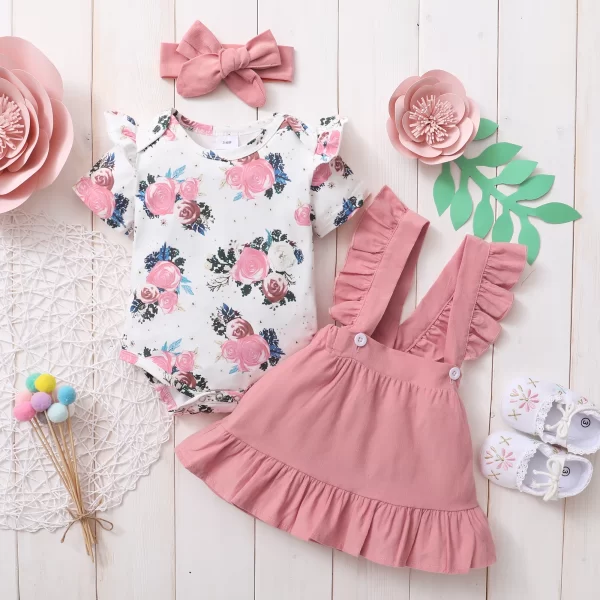 3-24 Months Newborn Baby Girl Dress Baby Princess Dress Short Sleeves Floral Bodysuit Suspender Skirt Headband 3PCS Outfit